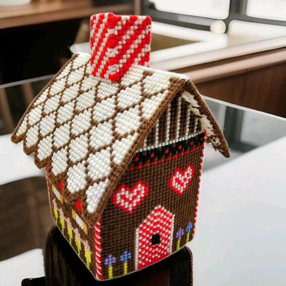 Vintage Christmas Gingerbread House Needlepoint House Tissue Holder Handmade